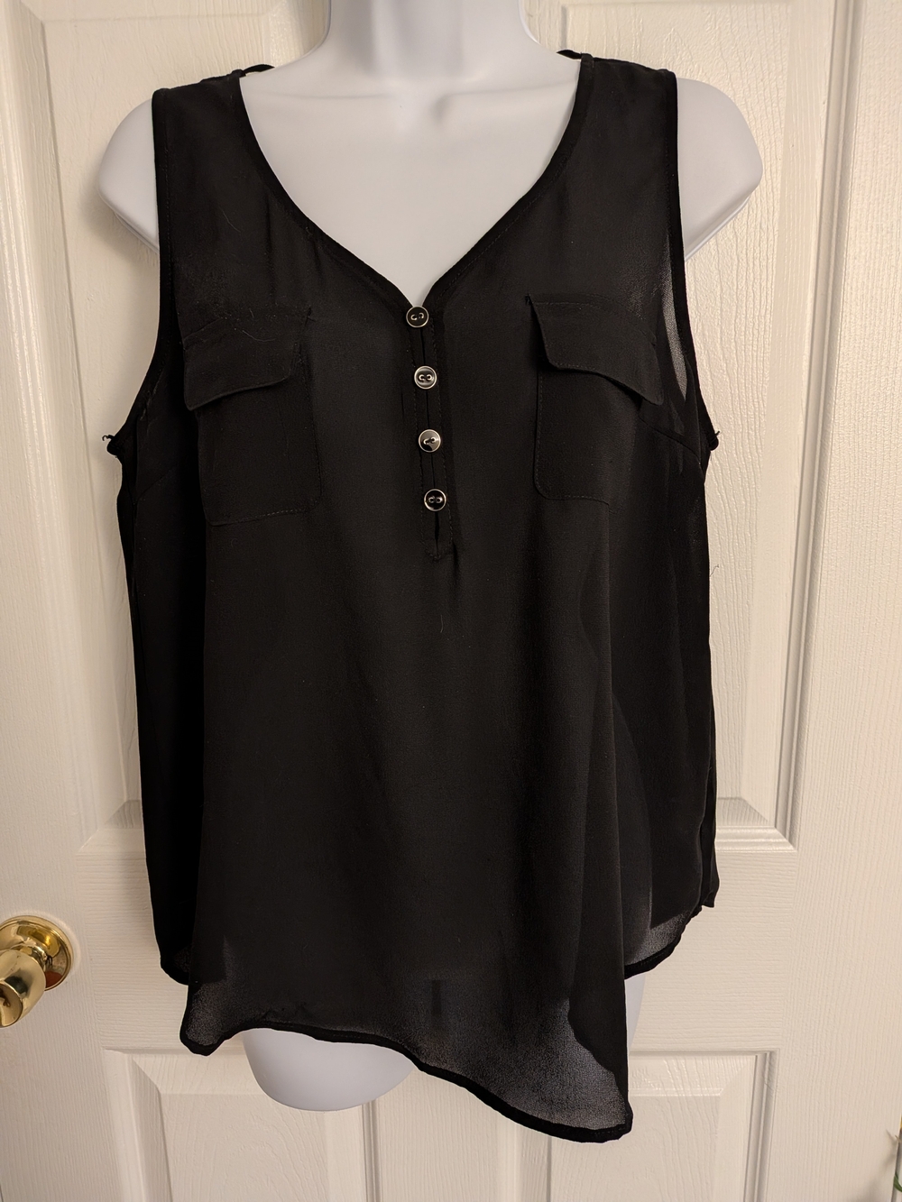 E&M Womens Black Sheer Chiffon V-Neck Sleeveless Blouse With Strappy Cage Back L
